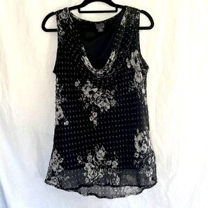 ⭐️ Covington black sleeveless cowl neck blouse white floral sheer chiffon XL
